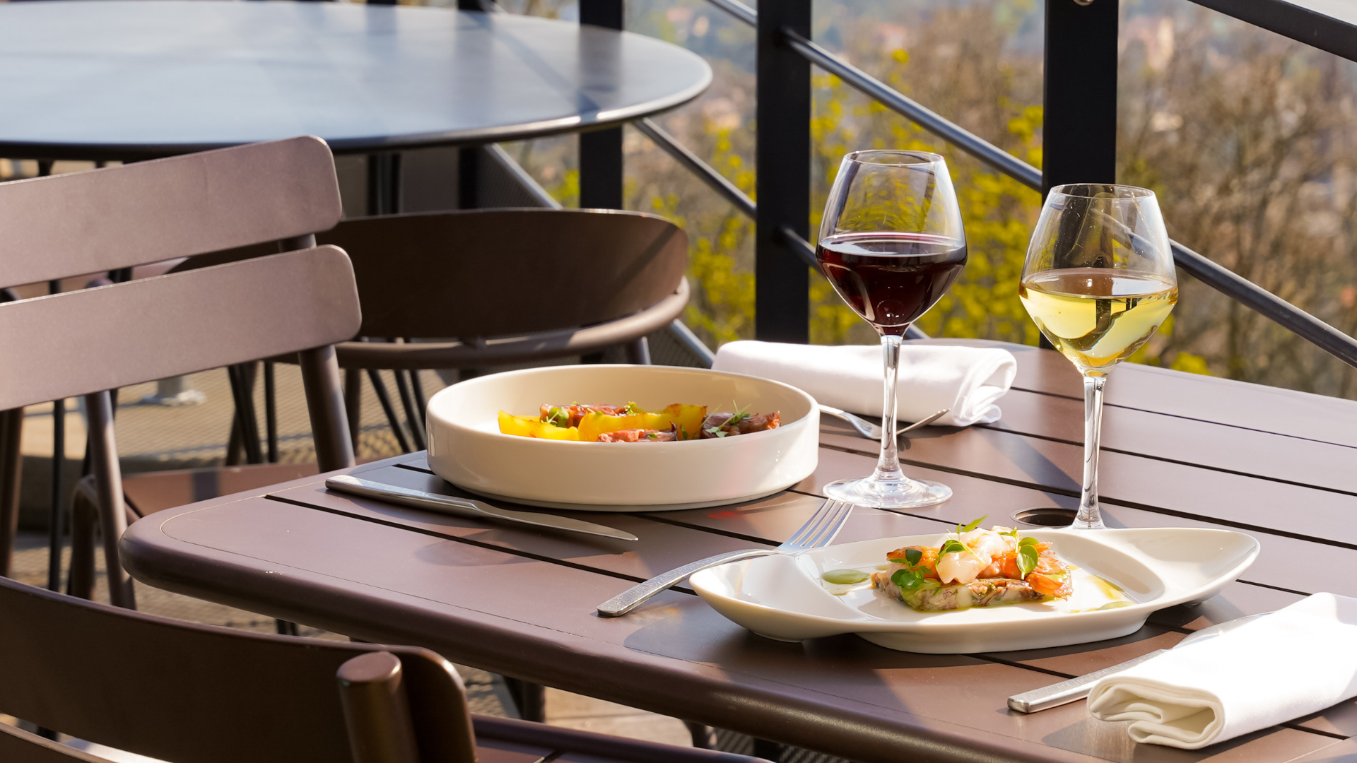 Repas avec vin rouge et blanc en terrasse.